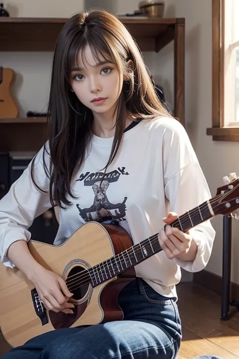 Woman sitting and playing guitar、Shaggy-haired brunette、precision 6 string Acoustic guitar:1.2、Anatomically correct fingers、Acoustic guitar、1 guitar only、Please look straight ahead and sing、(Keep your face forward:1.2)、Many cats around