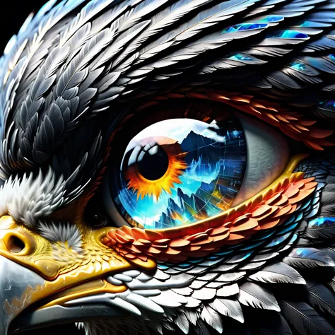 focus on the reflection of the mountain landscape in the eye of a flying eagle. hyperrealistic reflection. hyperdetalization. 32...