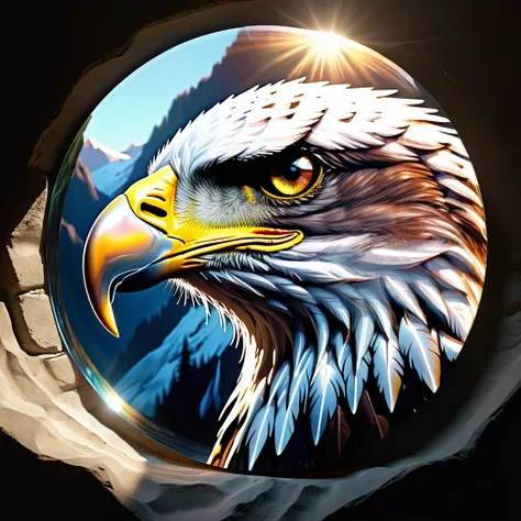 focus on the reflection of the mountain landscape in the eye of a flying eagle. hyperrealistic reflection. hyperdetalization. 32...