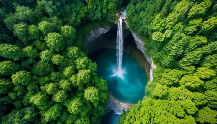 Aerial view of Towering steep and towering secret underground river in a cliff, wild forest, magical mist, asymmetric secret underground river cliff canyon, ((Aerial view):1.2), ((sense of extreme height):1.1), (waterfall), (mists), Coexistence with the na...