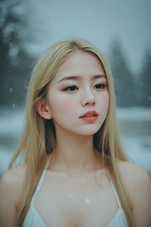 Raw candid analogue photo of a beautiful young woman, Realistic skin texture, Dirty blonde hair, Moderate build, (Closed mouth:1.1), erotic, relaxation, Fog lighting, winter, snow, 35 mm