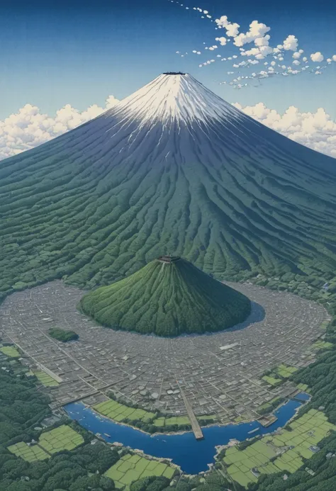 Aerial View of Fujiyama, by Kawase Hasui, best quality, masterpiece, 8k, Representative work, official art, Professional, Ultra intricate detailed