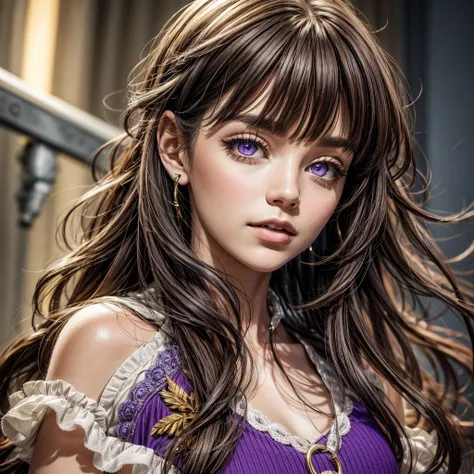 CGI image, best quality, masterpiece, (detailed face), detailed background, dramatic lighting, teen 1girl, ((purple eyes)), long brown hair with bangs, wearing long yellow dress,