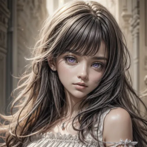 CGI image, best quality, masterpiece, (detailed face), detailed background, dramatic lighting, teen 1girl, ((purple eyes)), long brown hair with bangs, wearing long yellow dress,