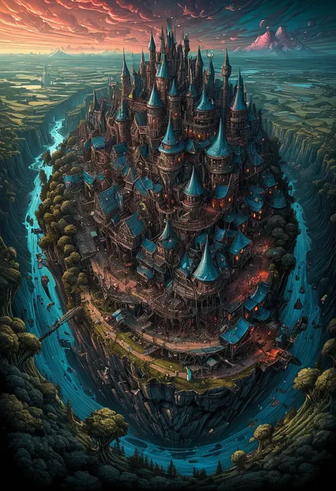 Aerial View of wonderland, by dan mumford, best quality, masterpiece