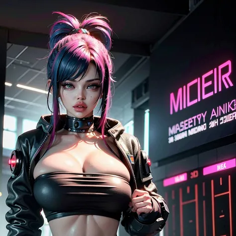 ((Best quality)), ((masterpiece)), (highly detailed:1.3), 3D, beautiful (cyberpunk:1.3) hacker woman with colored hair, black clothes looking at camera