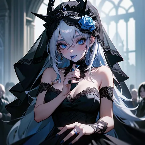 a woman in black Wedding dress and goth hair, with piercings, 1girl, solo,  long hair, ring, silver hair, ((blue lips)), blue eyes, in blue rose,  (((black Wedding dress))), black veil on head, happy