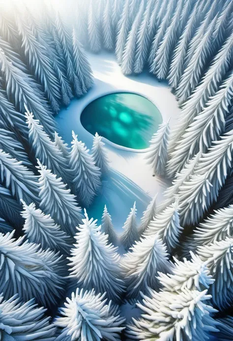 Top view of a winter forest from high in the sky，Fantasy snow scene from high altitude，You can feel the complex ecosystem. The perspective of aerial photography allows us to appreciate the beautiful scenery and intricate details of the landscape from a bir...