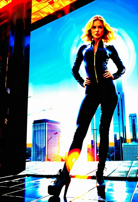 Cinematic shot of A black widow blonde from a movie about the avengers, she stands proud and ready to defeat enemies The woman has a slender feminine athletic figure, dressed in a black tight-fitting leather jumpsuit, shoulder-length blonde hair, and is we...