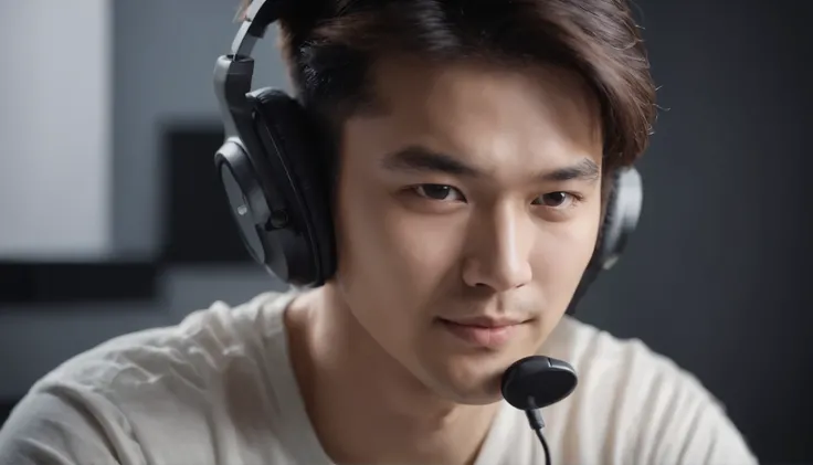 Man working in studio wearing headphones Asian man, High-definition details, long side-parted hairstyle,Smiling and focused expression, sharp eyes,Dark lighting, soft background, deep black background,Sense of layering stands out,realistic,Bright image han...