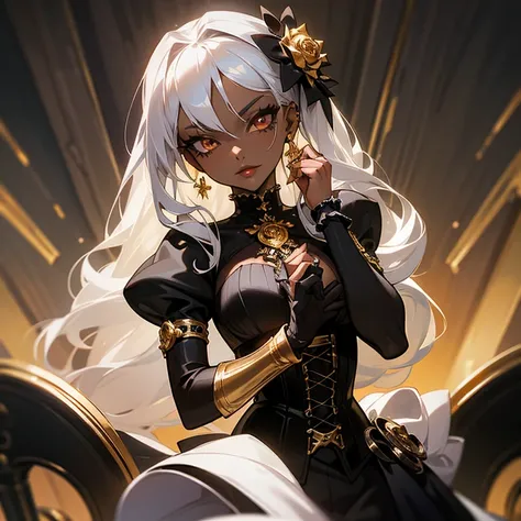 a woman in silver corset and goth hair, with piercings, 1girl, solo, long hair, ring, silver hair, Gothic Lolita,((gold lips)), silver eyes, silver rose, dark skin,