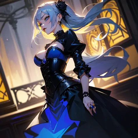 a woman in blue corset and goth hair, with piercings, 1girl, solo, long hair, ring, silver hair, Gothic Lolita,((yellow lips)), blue eyes, blue rose,