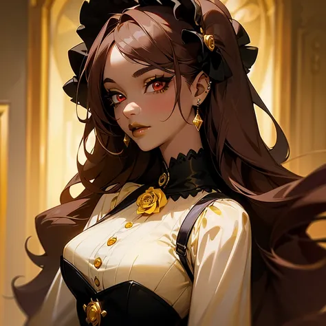 a woman in Gold corset and goth hair, with piercings, 1girl, solo, long hair, ring, light brown hair, Gothic Lolita, (((yellow lips))), red eyes, red rose, dark skin, upper body