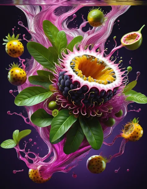 hyper detailed masterpiece, dynamic, awesome quality,floating  liquid plant DonMW15pXL, ral-passion fruit 