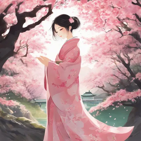 A girl surrounded by blooming cherry blossoms, wearing a flowing kimono,admiring the delicate pink petals falling from the trees. She has almond-shaped eyes with long lashes, a small nose, and rosy lips. The cherry blossoms cover the ground like a soft pin...