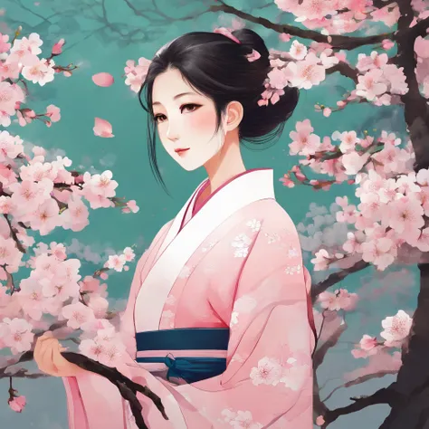 A girl surrounded by blooming cherry blossoms, wearing a flowing kimono,admiring the delicate pink petals falling from the trees. She has almond-shaped eyes with long lashes, a small nose, and rosy lips. The cherry blossoms cover the ground like a soft pin...