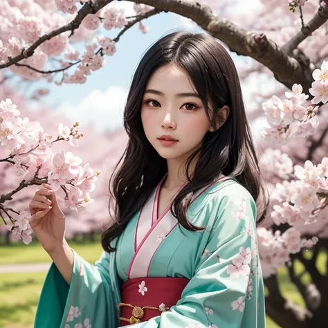 A girl surrounded by blooming cherry blossoms, wearing a flowing kimono,admiring the delicate pink petals falling from the trees. She has almond-shaped eyes with long lashes, a small nose, and rosy lips. The cherry blossoms cover the ground like a soft pin...