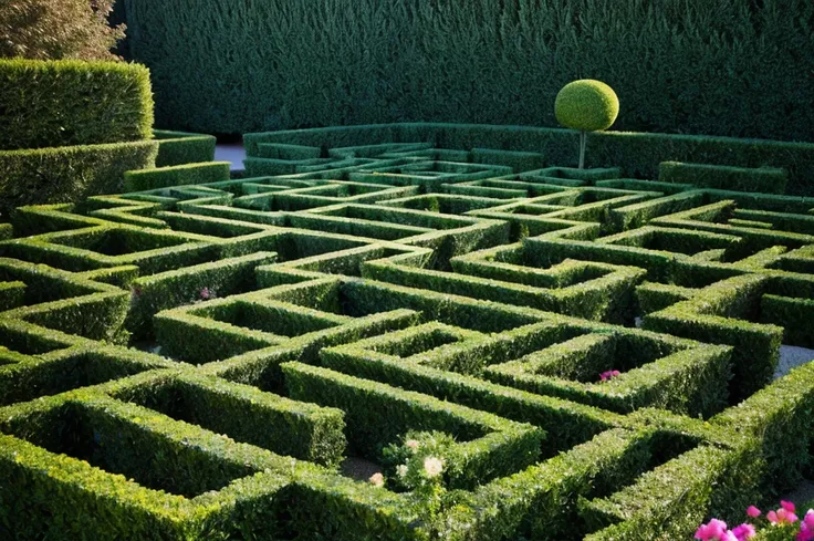 (aerial view of a maze made with hedges),top-down perspective,high-res,ultra-detailed,realistic lighting,vibrant colors,lush greenery,detailed hedge patterns,hints of flowers blooming throughout the maze,clear pathways leading to the center,intricate desig...