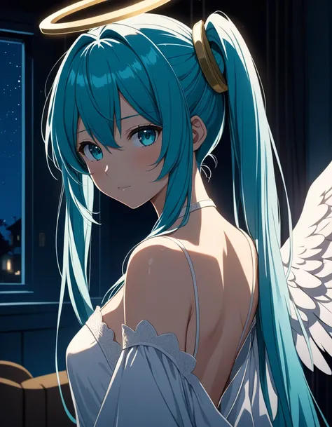 hatsune miku, white gown, angel, angel wings, golden halo, dark background, upper body, closed mouth, looking at viewer, arms behind back, blue theme, night, intricate detail, amazing quality, amazing shading, Detailed Illustration, bedroom, night, nightti...