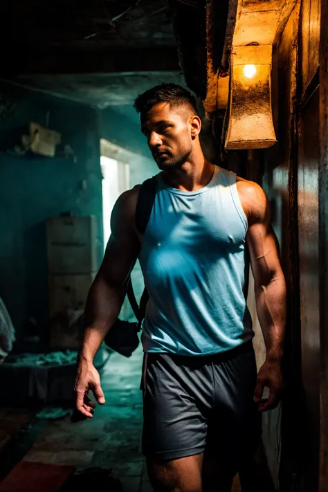 there is a handsome, muscular man walking in the hot and humid jungle, wearing a tight white tank, with a backpack, sweaty, old house, dark cinematic, professional photography, anatomically correct, dynamic lighting, high contrast, color graded