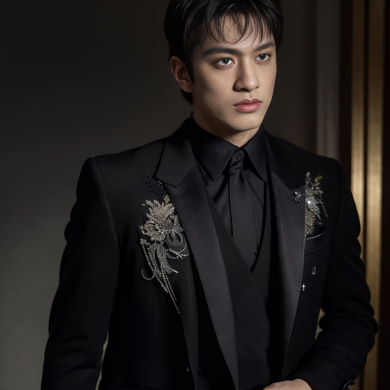 oppav3, (masterpiece, ultra quality, high resolution, 8k, intricate: 1.2), (detailed face:1.2), (wearing black suit:1.5), handsome, detailed skin, pores, absurdres, hunk, 1boy, male focus, ((realistic)), good lighting quality, muscle veins, ((pale skin)), ...