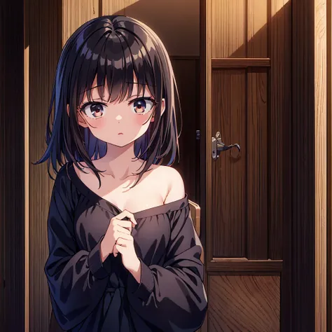 (masterpiece)、(highest quality)、(scared look)、(night school)、((dark background))、(10 year old girl)、shadow、wooden school building、small breasts、brown eyes、black hair