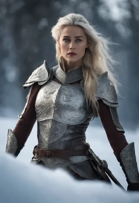 Amber Heard with platinum white hair, windblown hair, body in armour, warrior of the ice kingdom, (8K, Best quality:1.2), (Masterpiece:1.37), (Photo, Photorealistic:1.37), (ultra high resolution), halF body, walking pose, shot From Front, slow motion, Fema...