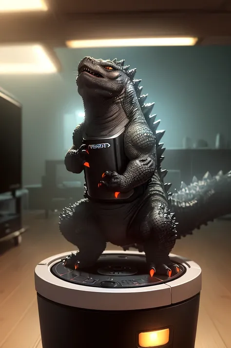 (best quality,ultra-detailed,realistic),A tiny fierce Godzilla riding on a Roomba,cleaning a living room,vivid colors,horror,sharp focus,studio lighting,physically-based rendering,ultra-fine painting,bokeh