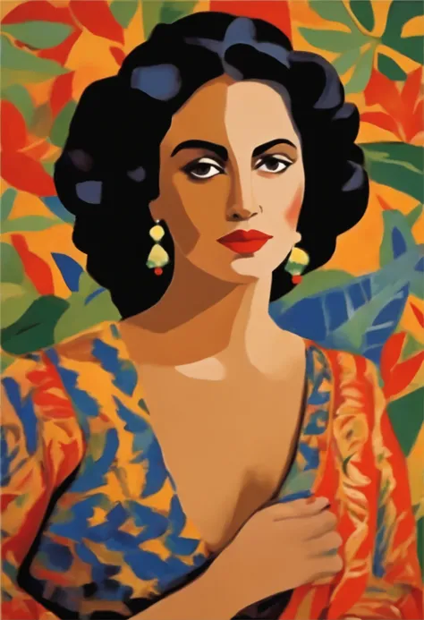 Matisse-style portrait of a Latin woman with a serene expression, utilizando colores vibrantes y formas simplificadas.