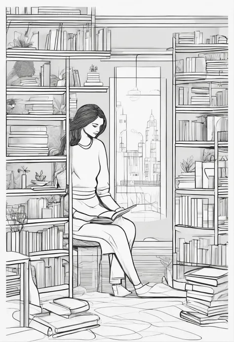 A girl siting in here bedroom surrounding with books in the shelter and plants on side