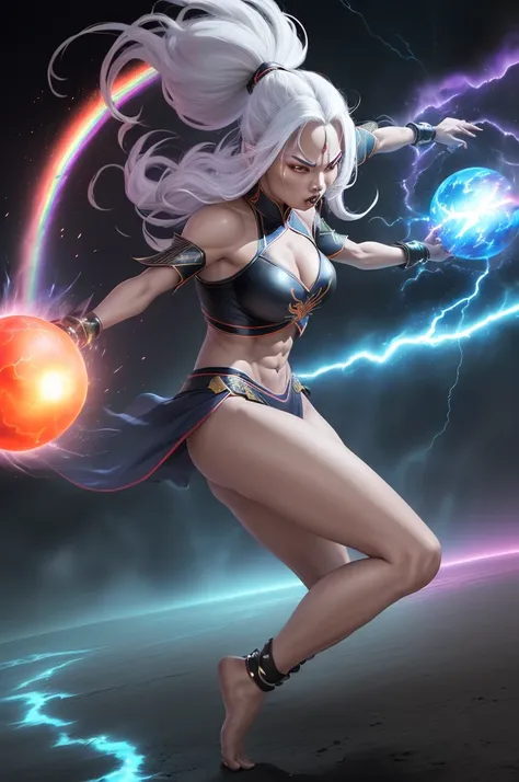 An (extremely fierce Gurung woman (age 35), slim and toned figure, ankle length platinum hair, tiny loose fighting clothes, explosive fury) is channeling her Ki energy (resembling lightning), into a (DragonBall a large pulsing sphere of rainbow power being...