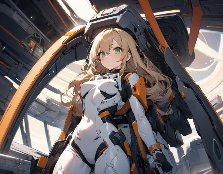 1girl,solo,Sala,original,blond hair,green eyes,white body suit,in space ship,Wearing reinforced armor,T pose,AR console,Science fiction,ultra-detailed,sharp focus,(best quality)