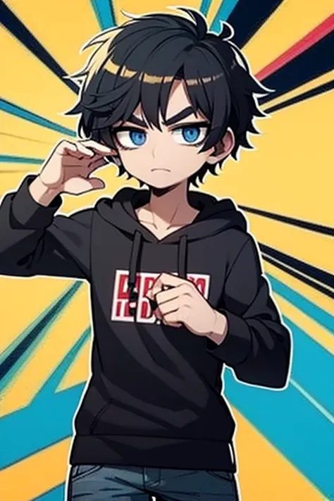 highest quality, one femboy, 18-year-old, short cut black hair, thick eyebrows, black eye, Wearing pants, wearing a black hoodie with a hood, flat chest, wearing a white T-shirt, Stinking eyes, Three white eyes, anime, human, perfect eyes, perfect face