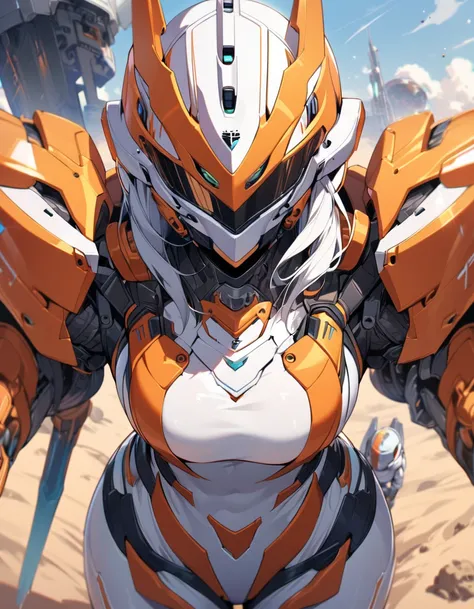 1girl,solo,Sala,original,full face helmet,face visible through helmet ,green eyes,orange heaver armor,white body suit,standing sand planet,holding weapon,depth of field,Science fiction,ultra-detailed,sharp focus,(best quality)