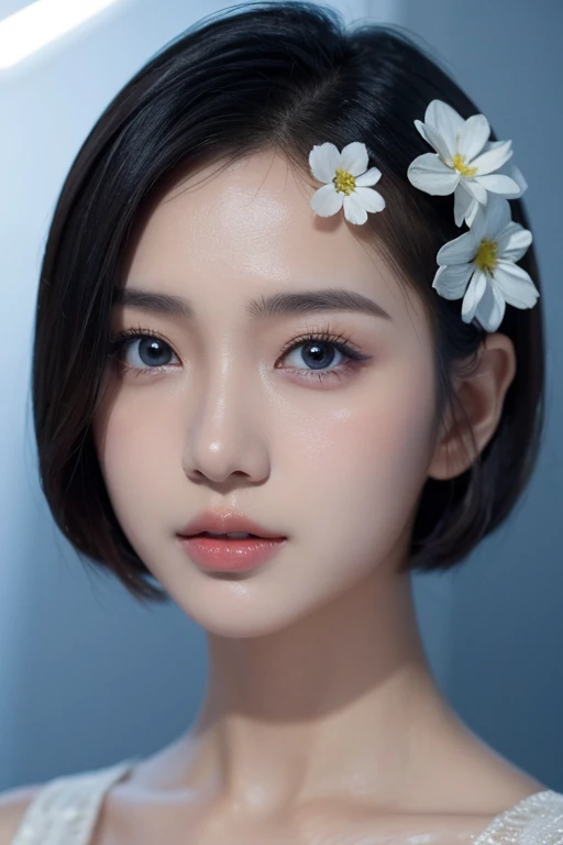 a pretty asian girl，short hair，White and blue dress，Perfect and exquisite facial features，Close-up upper body，front Photo，Light-sensitive，Top special effects，8k