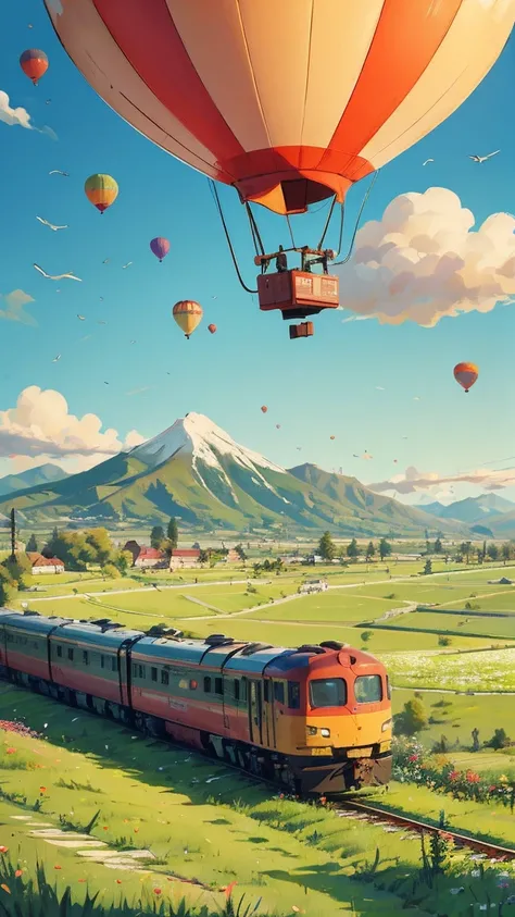 top view，A train bound for spring，The railway tracks weave through flowers and grass，train， Flowers and green grass，blue sky，white clouds and distant mountains，hot air balloon，perspective,