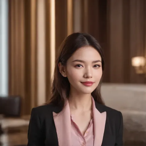 hotel reception、Face focus、female front desk staff,black jacket、Pink button-down shirt、photo、a delicate face、Detailed lips、delicate eyes、a smile