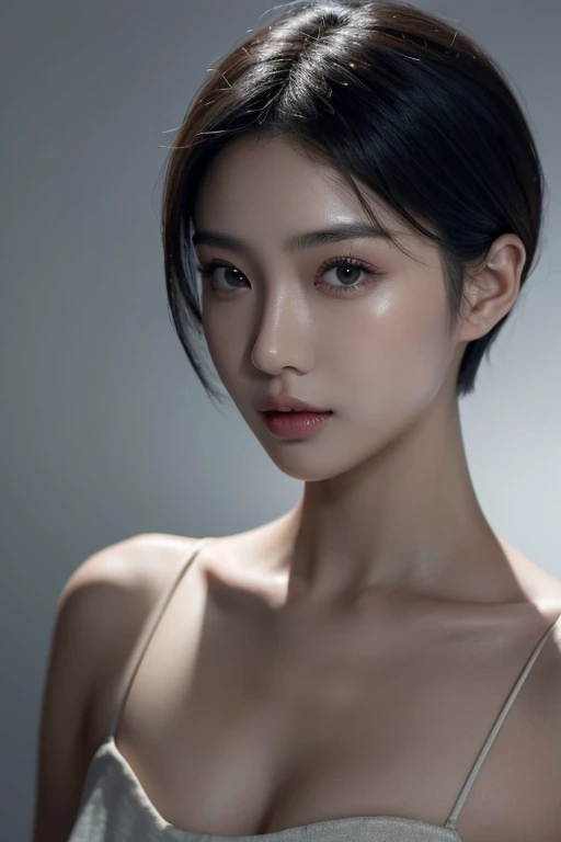 a pretty asian girl，short hair，round face，low cut top，Perfect and exquisite facial features，Half body shot from waist up，front Photo，Light-sensitive，Top special effects，8k