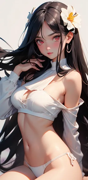 (8K、highest quality、masterpiece:1.2)、Super detailed、super resolution、Realistic、(1girl)  、(black hair)、long hair,straight hair,red eyes、forehead,sit,(face focus,cowboy shot),(white tube top white panties)、(clear face:1.3),cute face,blush、large breasts,(back...