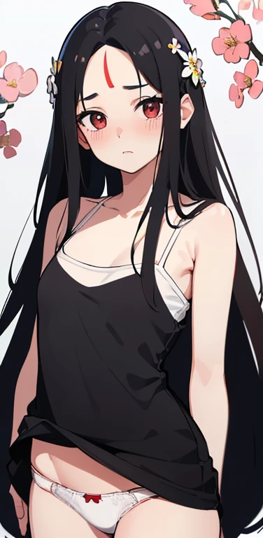 (8K、highest quality、masterpiece:1.2)、Super detailed、super resolution、Realistic、anime colored:1.2,(1girl)  、(black hair)、long hair,straight hair,red eyes、(forehead:1.3),(face focus,cowboy shot),(white camisole white panties:1.3)、(clear face:1.3),cute face,b...