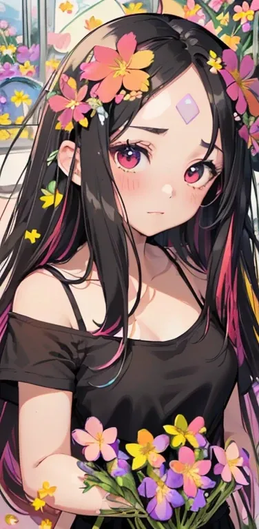 (8K、highest quality、masterpiece:1.2)、Super detailed、super resolution、Realistic、anime:1.2,(1girl)  、(black hair)、long hair,straight hair,red eyes、(forehead:1.3),(face focus,upper body),(black camisole black panties:1.5)、(clear face:1.3),cute face,blush、smal...