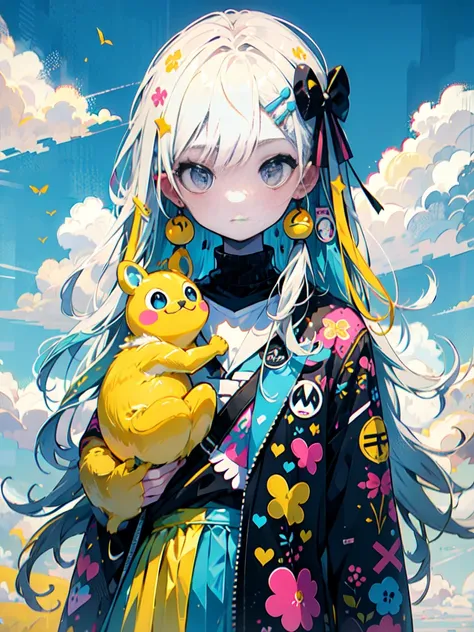 "kawaii, Lindo, Adorable chica vestida de rosa, amarillo, and baby blue color scheme. She wears sky-themed clothing with clouds and sky motifs... Su atuendo es esponjoso y suave, Con accesorios decorativos como pinzas para el cabello. Ella encarna un estil...