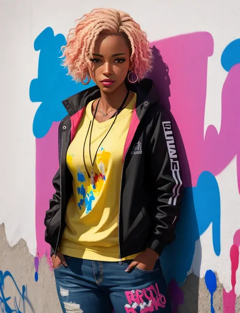 Graffiti painting, street art, 16k extremely detailed CG unit wallpaper, 16k landscape, artwork, masterpiece, best quality, amazing light strokes, of an African American woman with platinum hair in graffiti style on a white wall with vibrant colors.