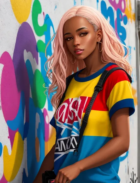 Graffiti painting, street art, 16k extremely detailed CG unit wallpaper, 16k landscape, artwork, masterpiece, best quality, amazing light strokes, of an African American woman with platinum hair in graffiti style on a white wall with vibrant colors.