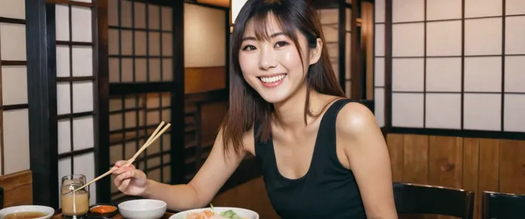 beautiful japanese woman　young japanese woman　smile　Eating Japanese food at an izakaya　Japanese-style house　black tank top　shortcut　mini skirt　High quality　