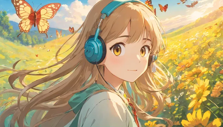 high detail, Super detailed, 8k, A cute and innocent girl with super high quality long hair., , Im wearing headphones, floating in the sky, I&#39;Iはオープンフィールドで時間を楽しんでいます., Surrounded by beautiful nature, the warm sun shines on her, wild flowers swaying in t...