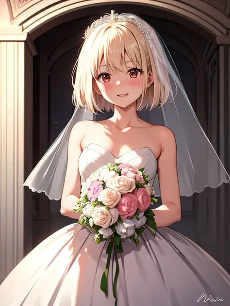 Chisato Nishikiki, wedding dress, bridal gauntlets, bridal veil, wedding ring, bouquet、blush、short hair、small breasts、church、UHD, retina, masterpiece, ccurate, anatomically correct, textured skin, super detail, high details, high quality, best quality, hig...