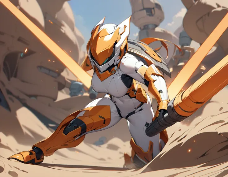 1girl,solo,Sala,original,full face helmet,orange heaver armor,white body suit,in sand planet,battle stance,holding weapon,shooting beam,depth of field,Science fiction,ultra-detailed,sharp focus,(best quality)