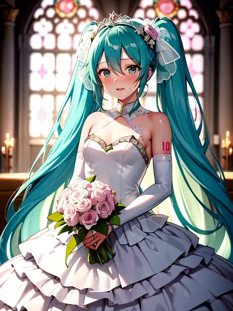 Hatsune Miku、 wedding dress, bridal gauntlets, bridal veil, wedding ring, bouquet、blush、small breasts、church、UHD, retina, masterpiece, ccurate, anatomically correct, textured skin, super detail, high details, high quality, best quality, highres, 4K