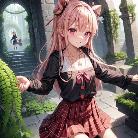 pink blonde、red eyes、one good looking girl、solo、anime、plaid mini skirt、the skirt has buttons、black camisole、black t-shirt、dress、wearing a ribbon、ribbon at waist、cloak、hood、stone slabs are piled up、crystal earrings、monster castle、jewelry necklace、Light and ...